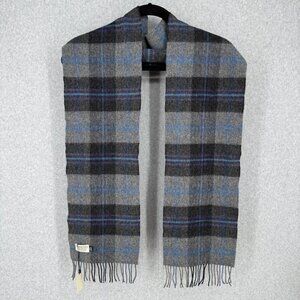 Blarney Long Lambswool Fringed Scarf Oblong Gray Blue Plaid Made in Ireland NEW